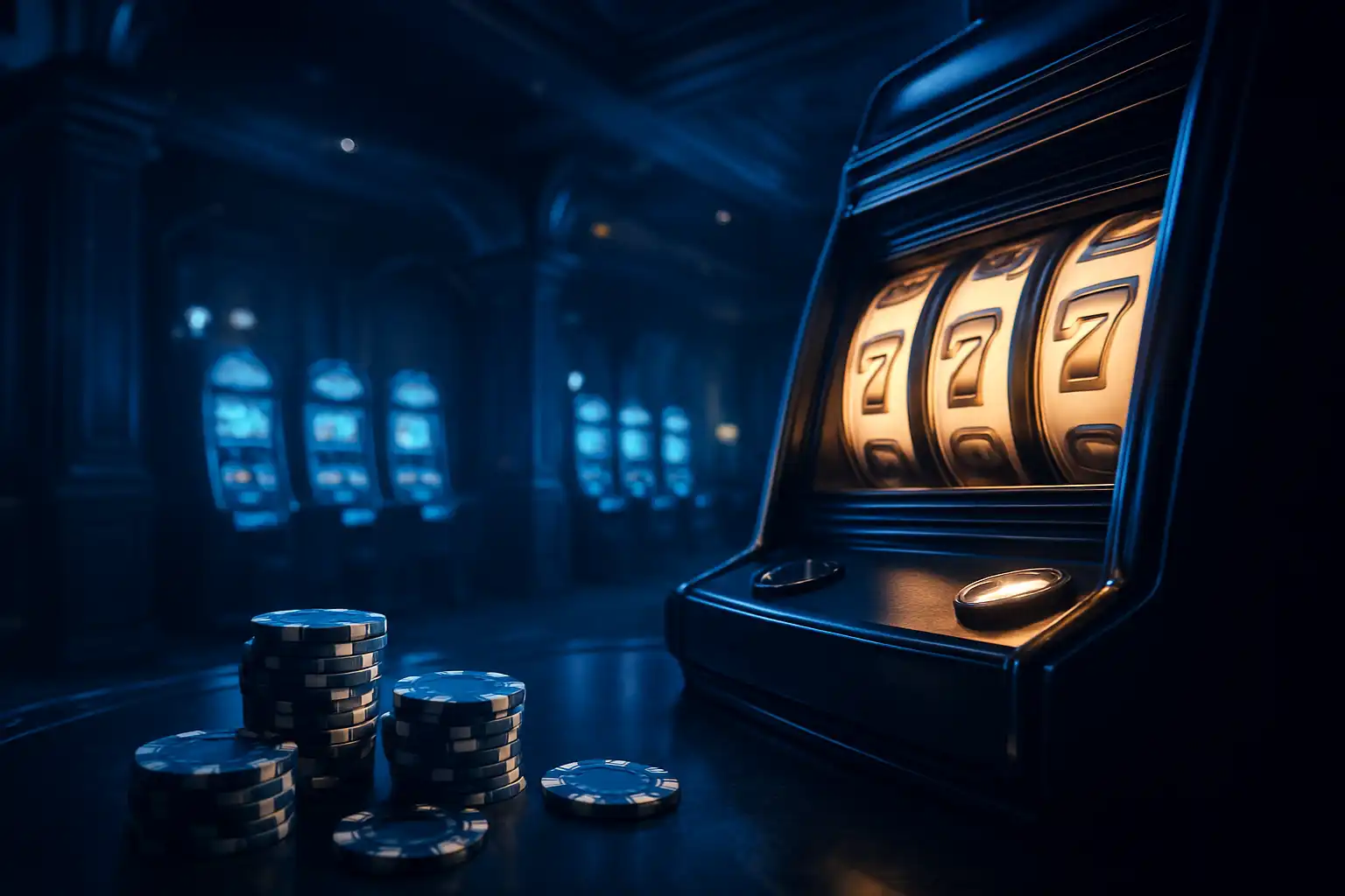 Sapphire and navy themed casino lobby with slot reels and chips